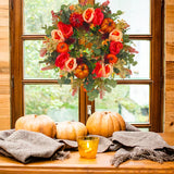 17.7in Durable Fall Peony and Pumpkin Wreath, Farmhouse Autumn Wreath for Front Door with Berry Pumpkin Harvest for Halloween Home Decor