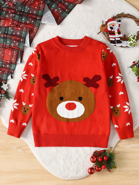 Boys' Festive Christmas Reindeer & Bear Sweater - Cozy Knit Pullover for Spring, Fall & Winter