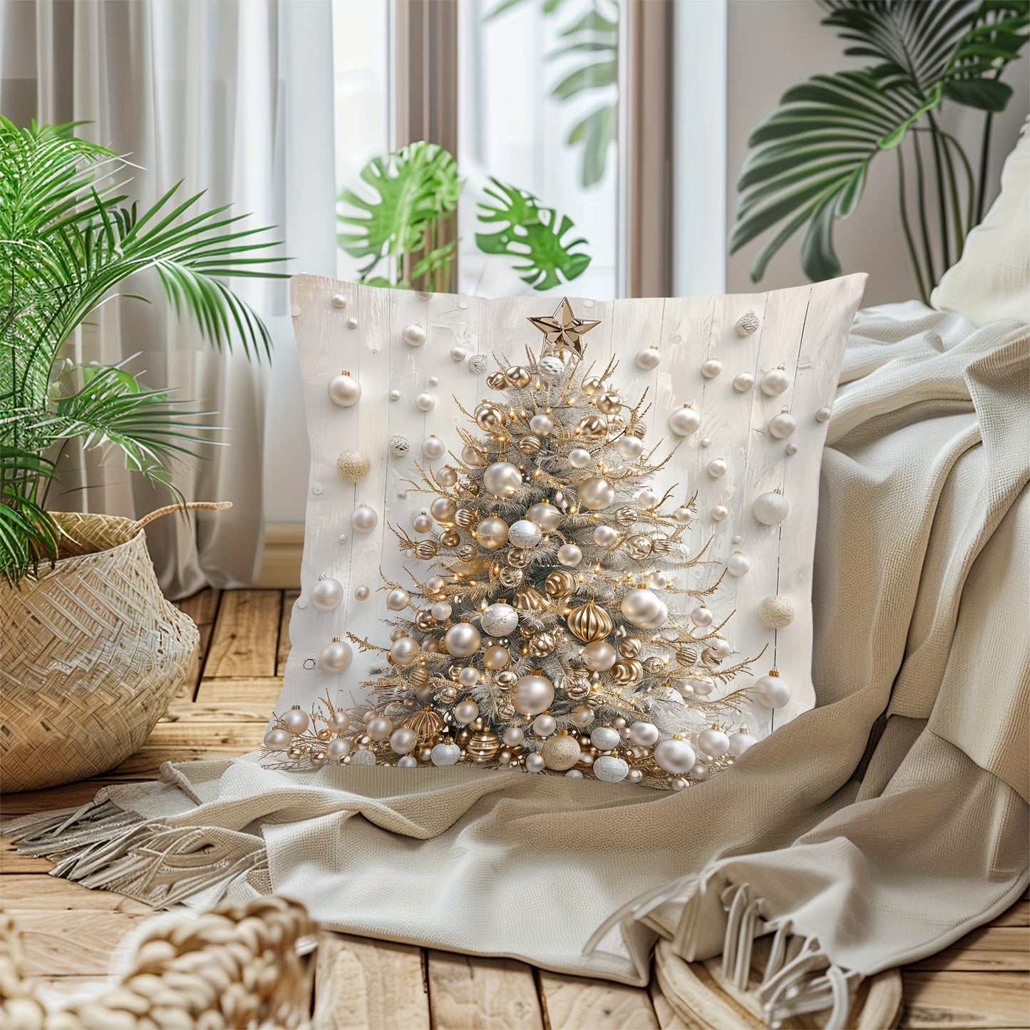 1pc Contemporary Christmas Tree Digital Print Throw Pillow Cover, Hand Wash Only, Zipper Closure, Woven Polyester, Versatile Room Decor - 17.7"x17.7"