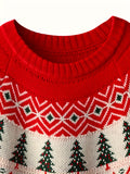 Chic Christmas Tree Knit Sweater for Women - Cozy Wool Blend, Long Sleeve, Crew Neck Pullover with Geometric & Cartoon Patterns - Perfect for Fall/Winter