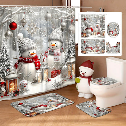 Winter Wonderland Snowman Bathroom Set - Waterproof, Machine Washable, Non-Slip, U-Shape Toilet Lid Cover, 12 Hooks, Woven Snowflake Pattern, Polyester Shower Curtain, Bath Mat, and Rugs - Perfect for Christmas Decor, Easy to Clean, and Durable