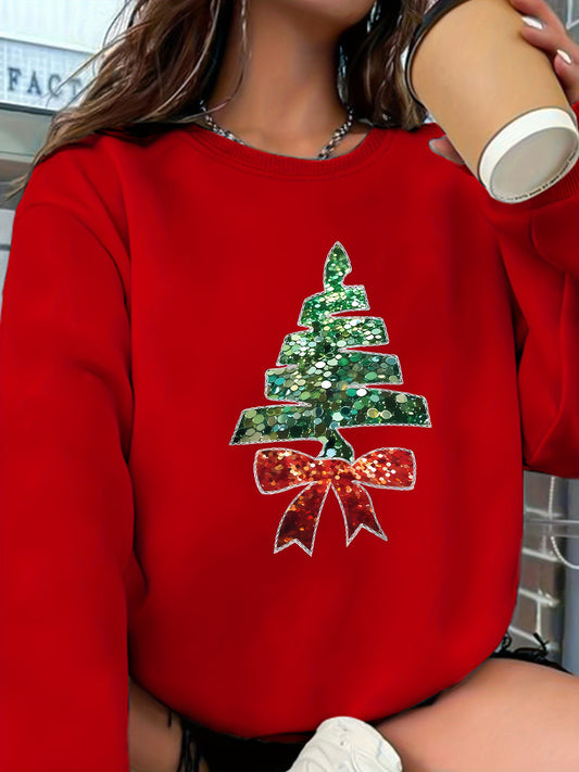 Women's Christmas Tree Print Long Sleeve Crew Neck Sweatshirt, Casual Polyester Knit Pullover, Festive Holiday Fashion Top for All Seasons