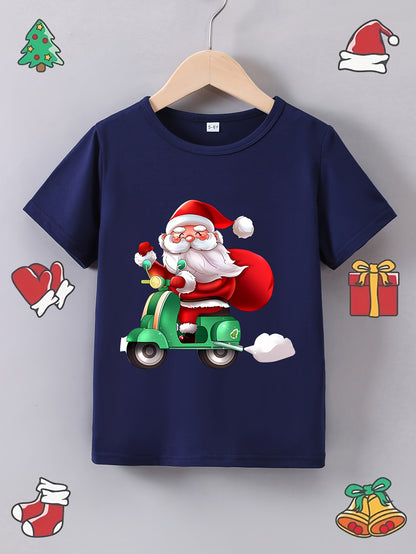 [Customer Favorite] Boys' Summer Skateboard Santa Print T-Shirt - Casual, Comfy Polyester Blend, Round Neck, Non-Transparent - Perfect for Christmas