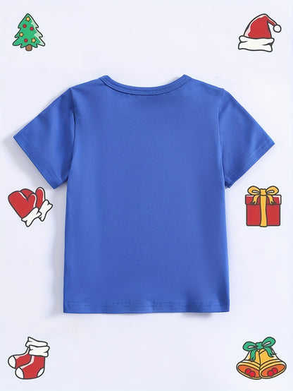 [Customer Favorite] Boys' Summer Skateboard Santa Print T-Shirt - Casual, Comfy Polyester Blend, Round Neck, Non-Transparent - Perfect for Christmas