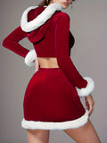 2 Pcs Fuzzy Christmas Long Sleeve Zip-up Drawstring Hoodie Crop Jacket & High Waist Bodycon Skirt Set, Women's Clothing