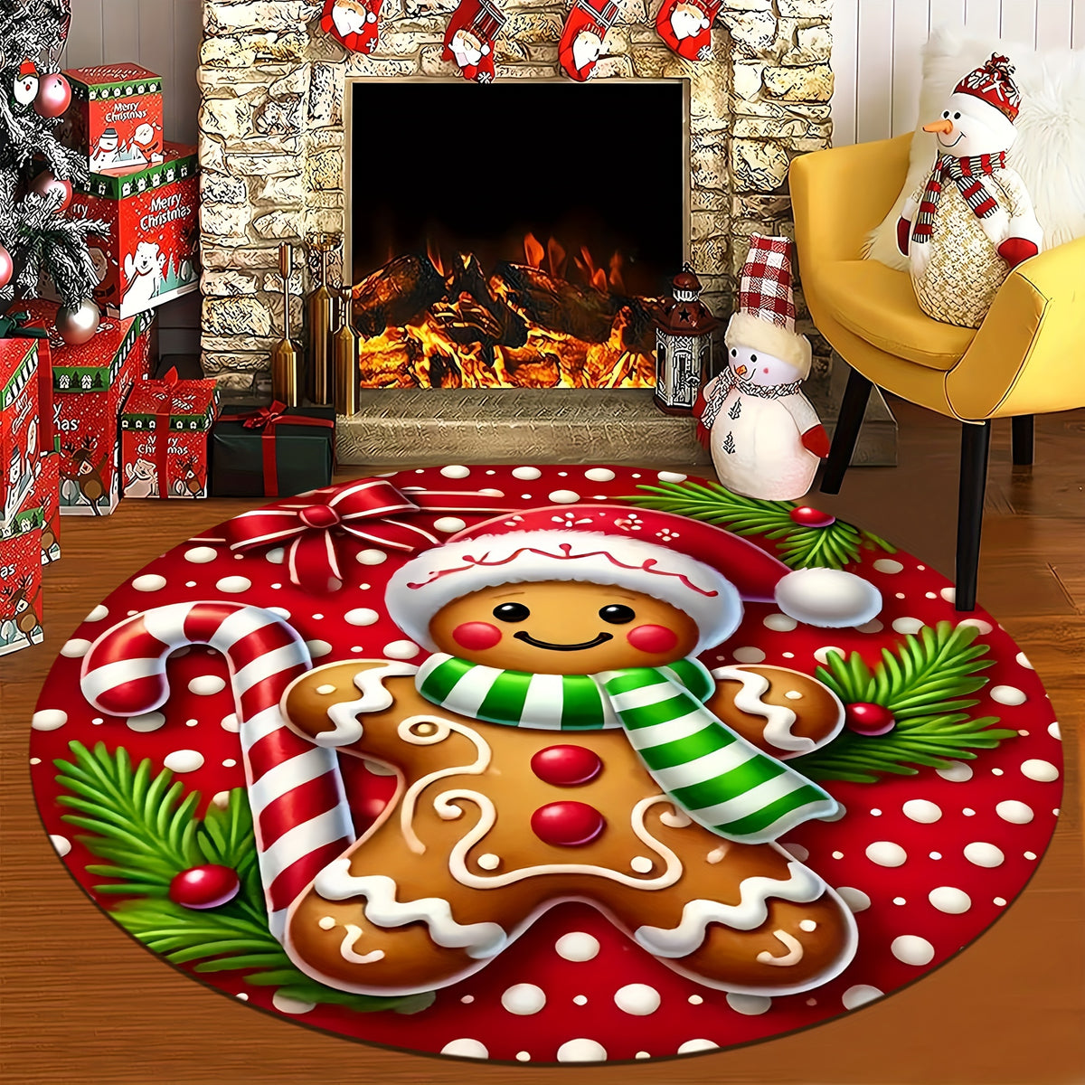 Christmas Gingerbread for Man Round Rug - Soft, Absorbent & Non-Slip, Perfect for Entryway, Living Room, Bedroom Decor | Machine Washable Flannel Memory Foam Mat