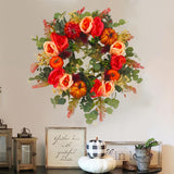 17.7in Durable Fall Peony and Pumpkin Wreath, Farmhouse Autumn Wreath for Front Door with Berry Pumpkin Harvest for Halloween Home Decor