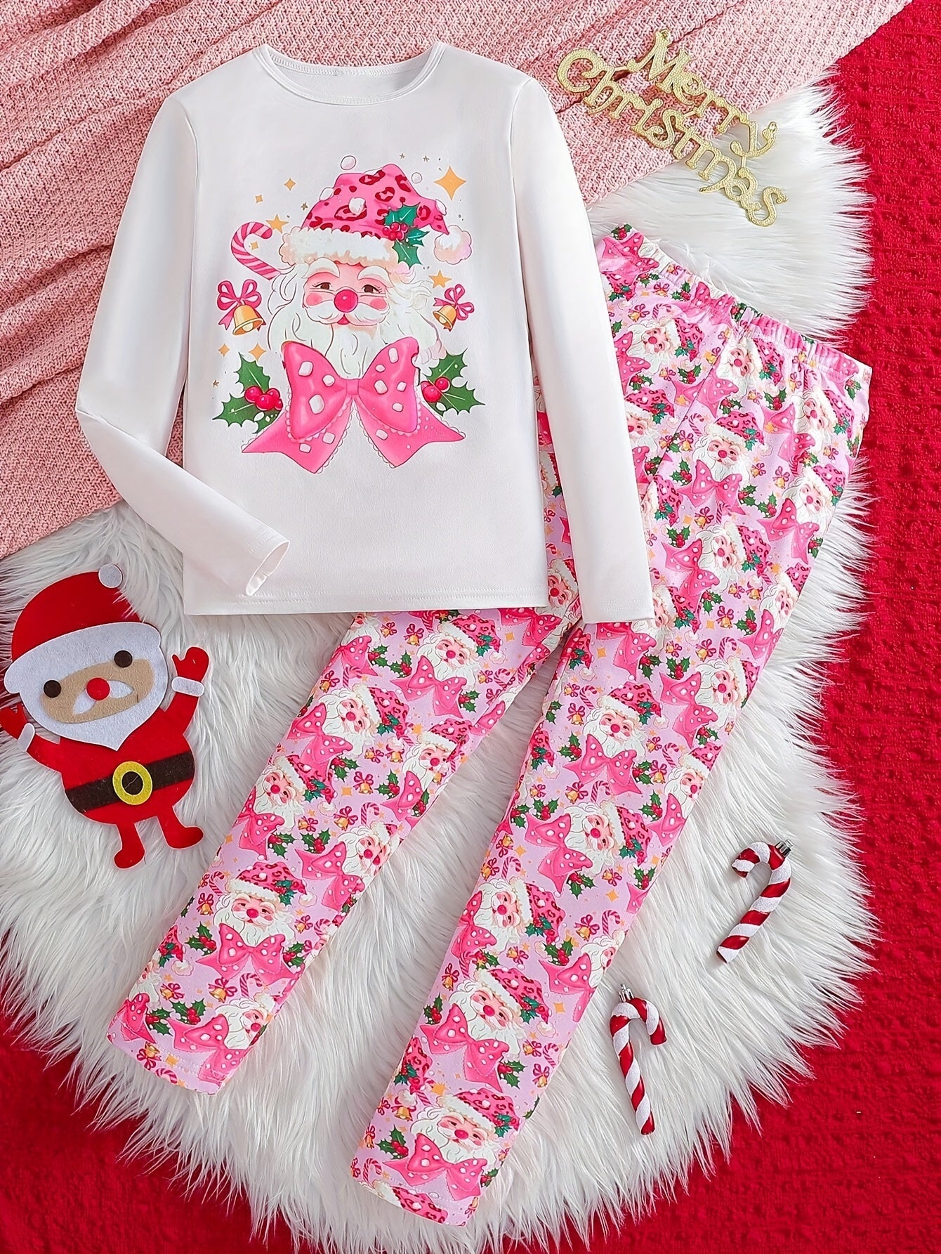 Girl's 2-piece Santa Claus With Big Bow Graphic Print Long Sleeve T-shirt And Allover Santa Claus Print Pants Set, Cute And Comfy For Autumn And Spring Daily & Outdoor Wear