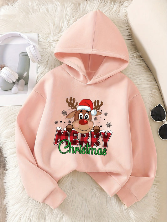 100% Polyester Kids' Christmas Fashion Hoodie for Ages 12 and Under - Reindeer & Letter Print Applique, Slight Stretch, Loose Fit Casual Pullover Hooded Sweatshirt for Fall/Winter