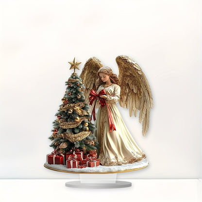 Glam Style Angel with Christmas Tree Acrylic Tabletop Decor, Family Themed No-Electricity Pedestal, Ideal Gift for Home & Office - Bohemian Desk Sign, Set of 1