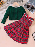 Girls 2pcs Christmas Sets Ribbed Knit Cardigan With Bow & Plaid Sleeveless Collar Dress Set For Christmas, outdoor Party, Fall