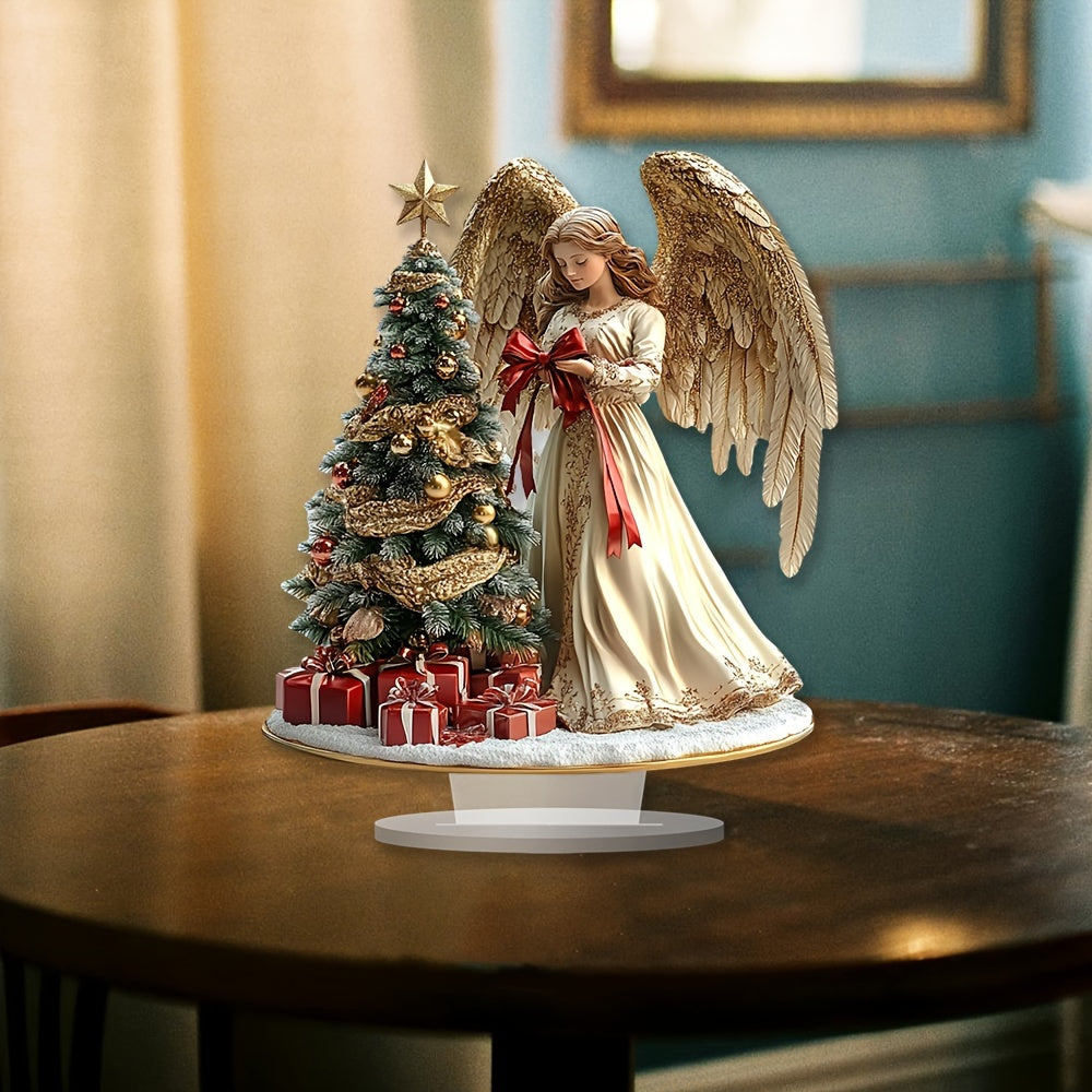 Glam Style Angel with Christmas Tree Acrylic Tabletop Decor, Family Themed No-Electricity Pedestal, Ideal Gift for Home & Office - Bohemian Desk Sign, Set of 1