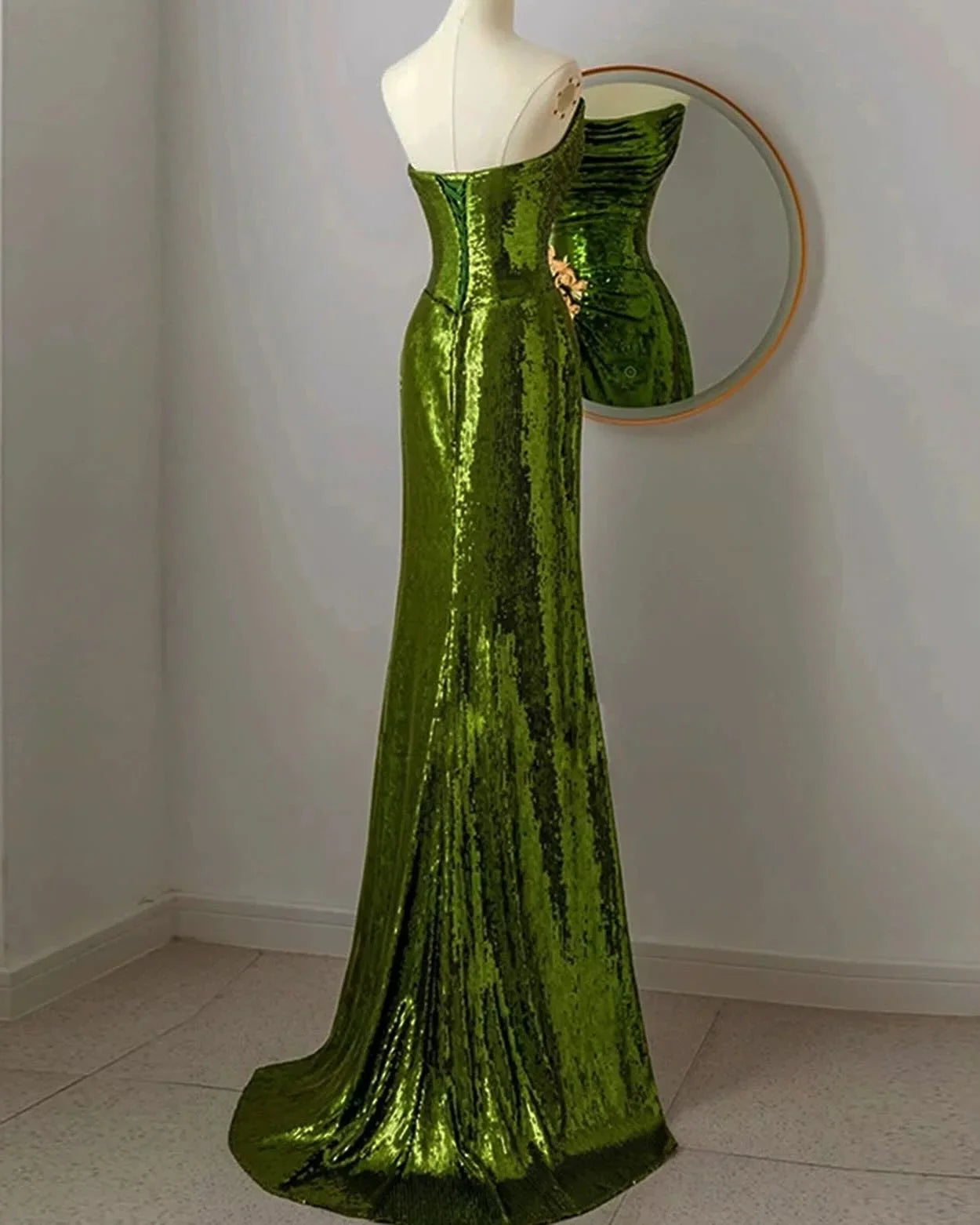 Territory  Gorgeous Green Strapless Corset Back Glitter Sequin Lace Mermaid Evening Dress Side Slit Long Prom Gown For Party Events