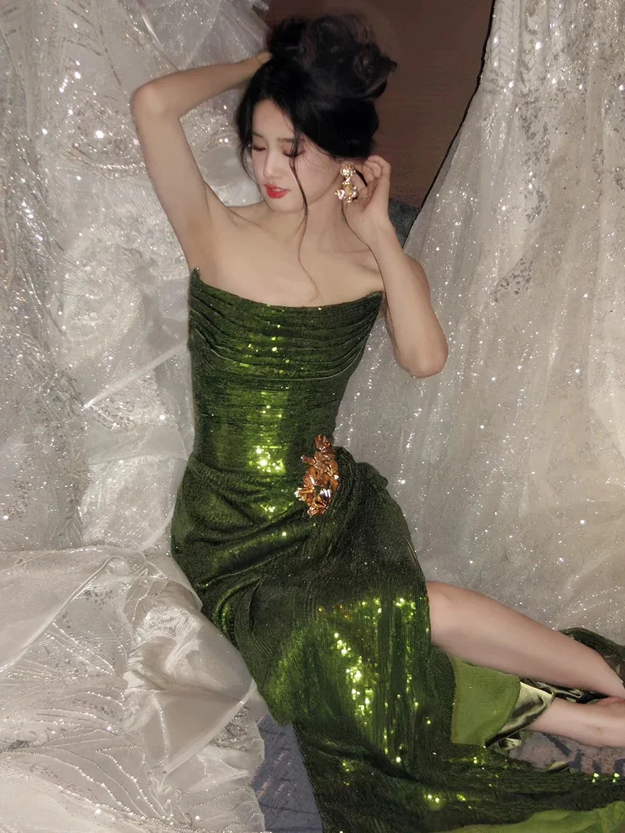 Territory  Gorgeous Green Strapless Corset Back Glitter Sequin Lace Mermaid Evening Dress Side Slit Long Prom Gown For Party Events