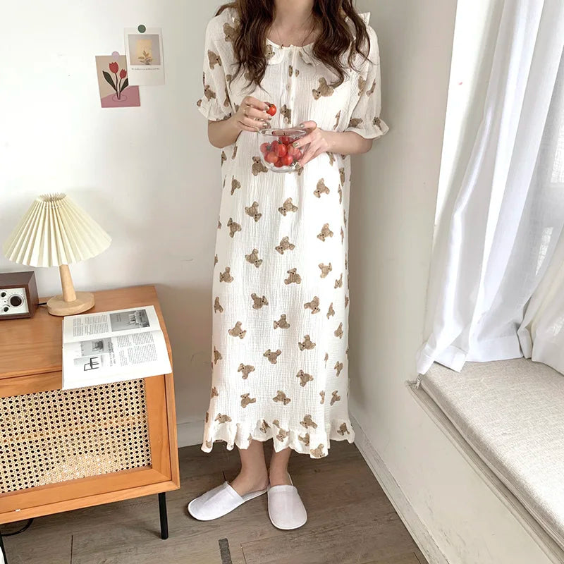 Territory Print Summer Nightgown Korean Soft Cotton Long Sleepwear Short Sleeve Ruffles Nightdress Buttons Kawaii Homewear