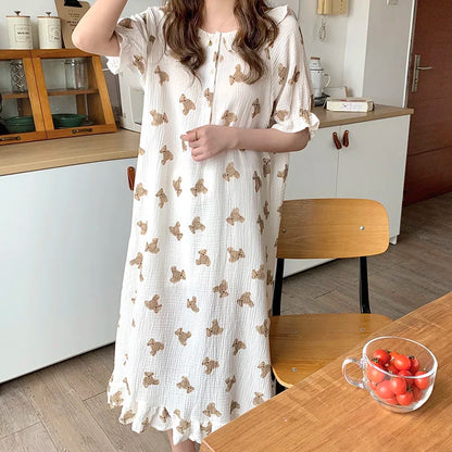 Territory Print Summer Nightgown Korean Soft Cotton Long Sleepwear Short Sleeve Ruffles Nightdress Buttons Kawaii Homewear