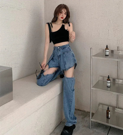 Territory Blue Hollow Out Denim Shorts Summer Women High Waist Ripped Tassel Short Jeans Ripped Jeans Harajuku Wide Leg Pant