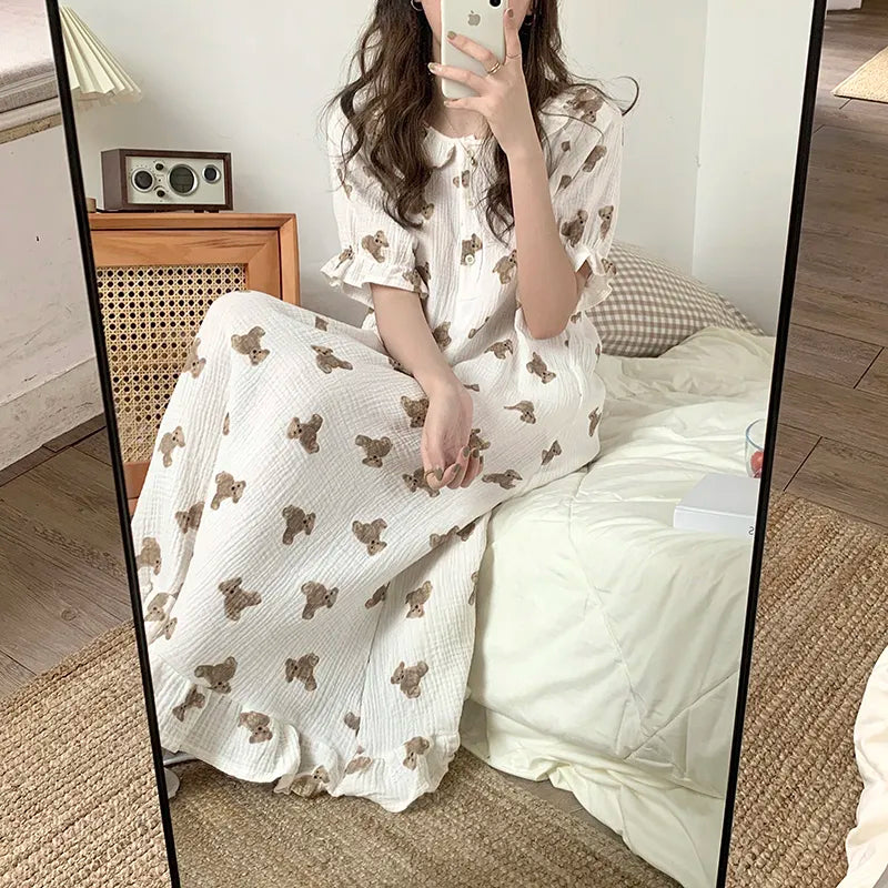 Territory Print Summer Nightgown Korean Soft Cotton Long Sleepwear Short Sleeve Ruffles Nightdress Buttons Kawaii Homewear