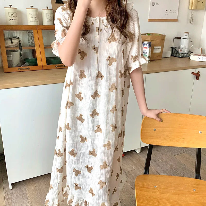 Territory Print Summer Nightgown Korean Soft Cotton Long Sleepwear Short Sleeve Ruffles Nightdress Buttons Kawaii Homewear