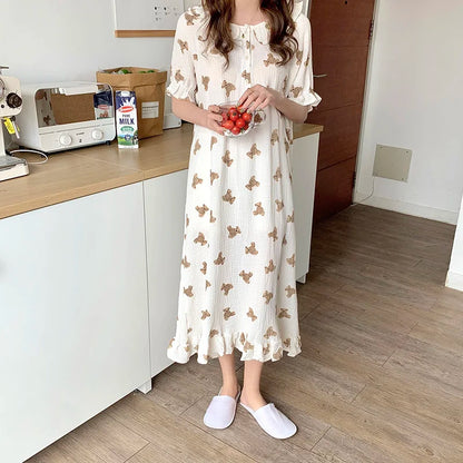 Territory Print Summer Nightgown Korean Soft Cotton Long Sleepwear Short Sleeve Ruffles Nightdress Buttons Kawaii Homewear