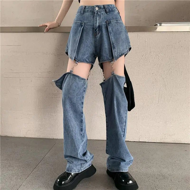 Territory Blue Hollow Out Denim Shorts Summer Women High Waist Ripped Tassel Short Jeans Ripped Jeans Harajuku Wide Leg Pant