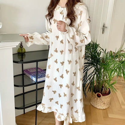 Territory Print Summer Nightgown Korean Soft Cotton Long Sleepwear Short Sleeve Ruffles Nightdress Buttons Kawaii Homewear