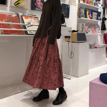 Territory High Waist Autumn Winter Long Skirts Women Elegant Flower Printed Midi Skirt Female Vintage Streetwear Pleated Skirt