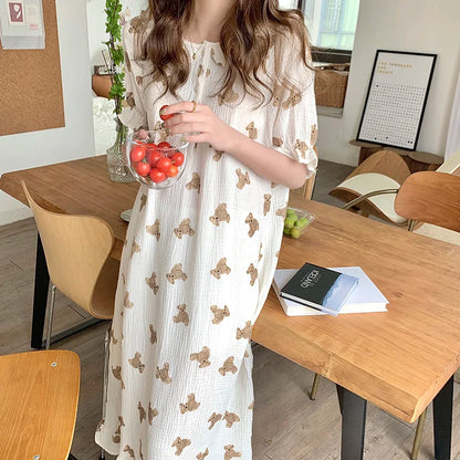 Territory Print Summer Nightgown Korean Soft Cotton Long Sleepwear Short Sleeve Ruffles Nightdress Buttons Kawaii Homewear