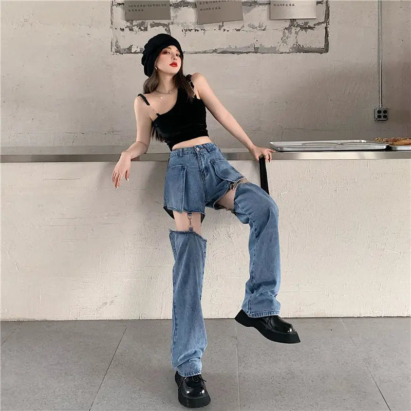 Territory Blue Hollow Out Denim Shorts Summer Women High Waist Ripped Tassel Short Jeans Ripped Jeans Harajuku Wide Leg Pant