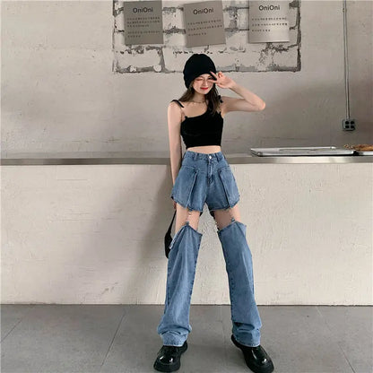 Territory Blue Hollow Out Denim Shorts Summer Women High Waist Ripped Tassel Short Jeans Ripped Jeans Harajuku Wide Leg Pant