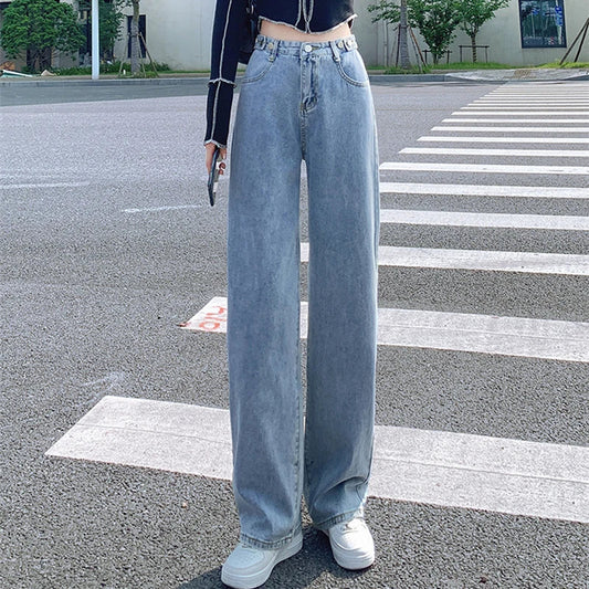 Territory Autumn Korean Fashion Denim Jeans Women High Waist Straight Jeans Casual Loose Cotton Jeans Street Wear Light Blue Pants New