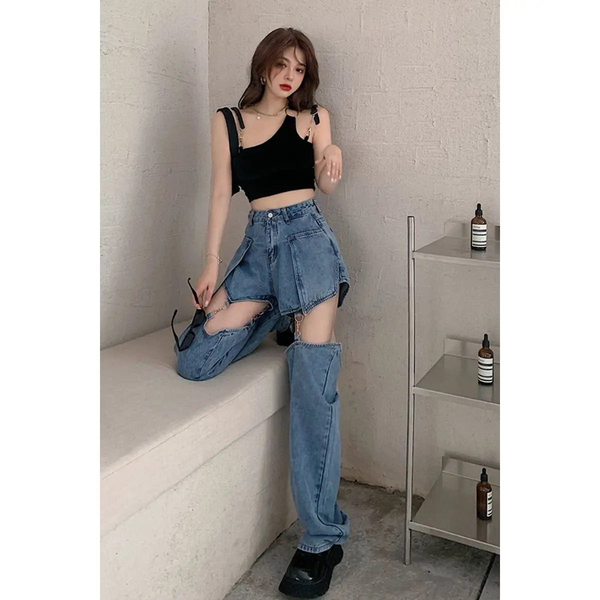 Territory Blue Hollow Out Denim Shorts Summer Women High Waist Ripped Tassel Short Jeans Ripped Jeans Harajuku Wide Leg Pant