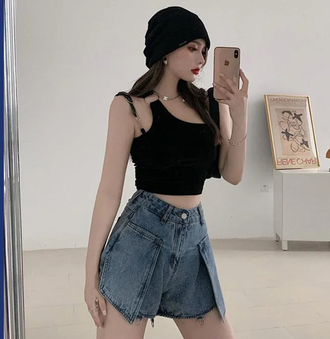 Territory Blue Hollow Out Denim Shorts Summer Women High Waist Ripped Tassel Short Jeans Ripped Jeans Harajuku Wide Leg Pant