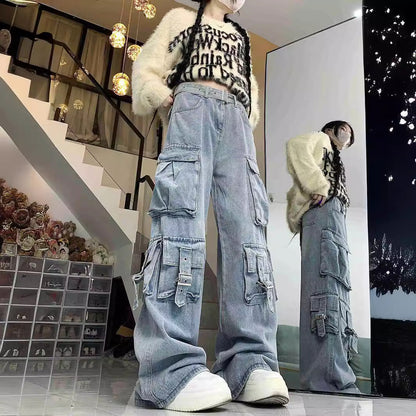 Territory birthday outfit American Style Street Work Jeans Women's Design Multi-Pocket High Waist Loose Mopping Pants Fashion