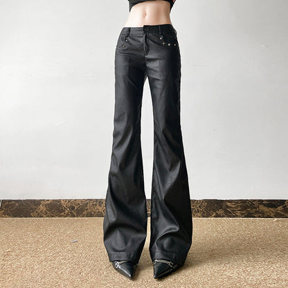 Territory barn jacket outfits Dark Sweet and Spicy Rivet Decorative Leather Casual Pants Sexy Low Waist Flared Pants 2024 American Street Shooting New Leather Pants