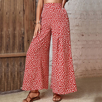 PEOPLETERRITORY New Popular trade popular summer new 2025 red pants high waist floral horn wide-leg pants women