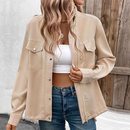 PEOPLETERRITORY New Hot Trade  New Spring and Autumn  Women's Clothing  Stand-up Collar Solid Color Jacket Women