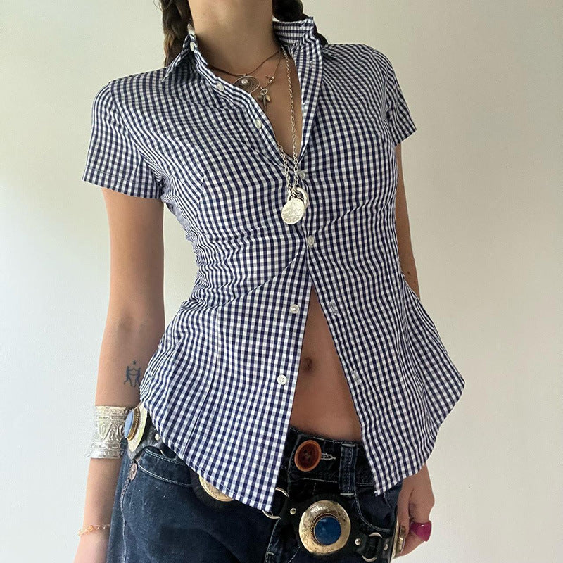 Territory 90s fashion Retro Casual Style Blue Plaid Short-Sleeved Shirt Women's Polo Collar Tight Waist Tight Single-Breasted Top