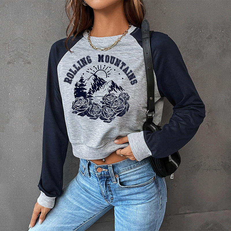 PEOPLETERRITORY popular new spring and autumn college style shoulder sleeves BM 2025 Popular trade color matching short navel round neck pullover sweater