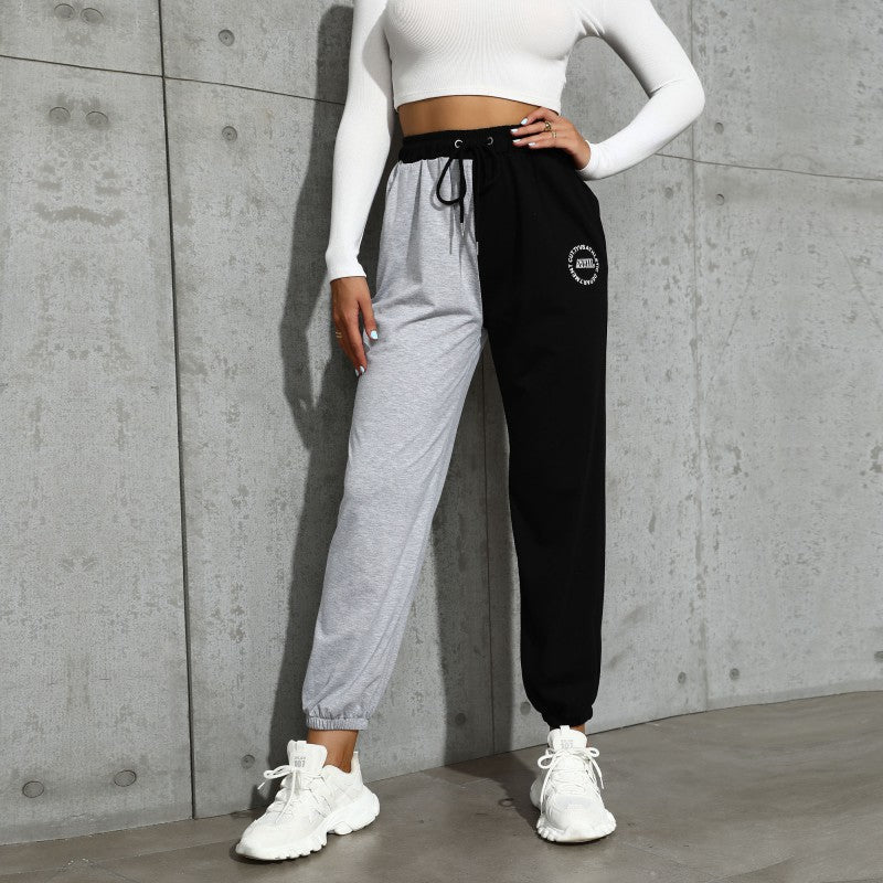 PEOPLETERRITORY New popular autumn new 2025 casual high-waisted splicing contrasting color drawstring sweatpants women's sweatpants