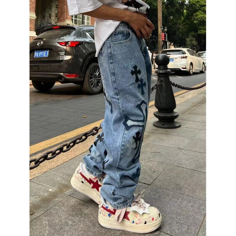 Territory 90s streetwear American High Street Original Patch Cross Embroidered Jeans Men's and Women's National Fashion All-Match Slim Slimming Long Pants Fashion