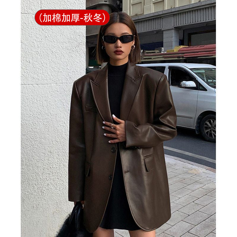 Territory frat outfits Women's Leather Suit Jacket 2024 Autumn and Winter Advanced Texture Loose PU Leather Suit