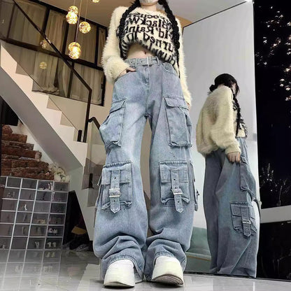 Territory birthday outfit American Style Street Work Jeans Women's Design Multi-Pocket High Waist Loose Mopping Pants Fashion