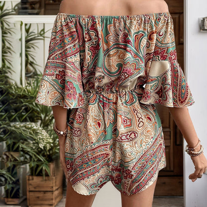 PEOPLETERRITORY  trade ethnic style printing jumpsuit summer new   one-word collar off-the-shoulder jumpsuit