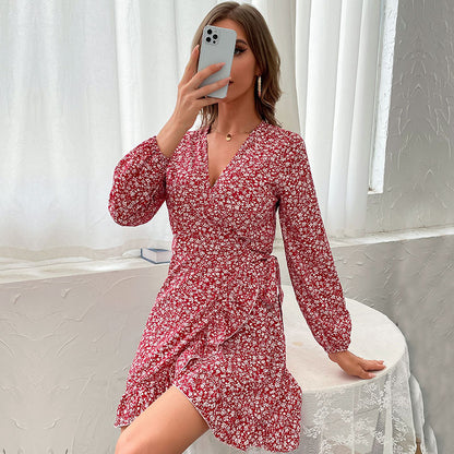 PEOPLETERRITORY New Cross-border Spring and Autumn 2025 Women's Clothing Cardigan V-Neck Lotus Leaf Edge Floral Dress Women's Hot Trade