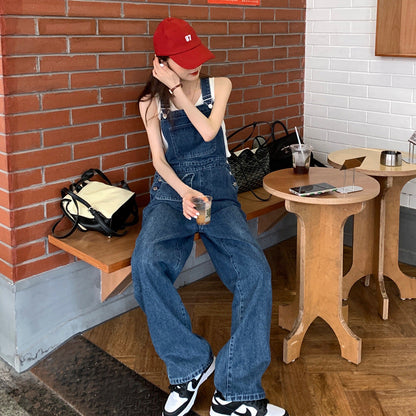 Territory 90s streetwear American Retro Suspender Jeans Women's Spring New Loose Slimming Straight Age-Reducing Wide Leg Ins Trousers