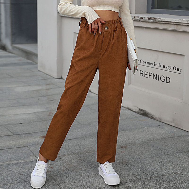 PEOPLETERRITORY New new autumn and winter 2025 2025 trade casual elastic nine-point pants  commuter corduroy straight pants women