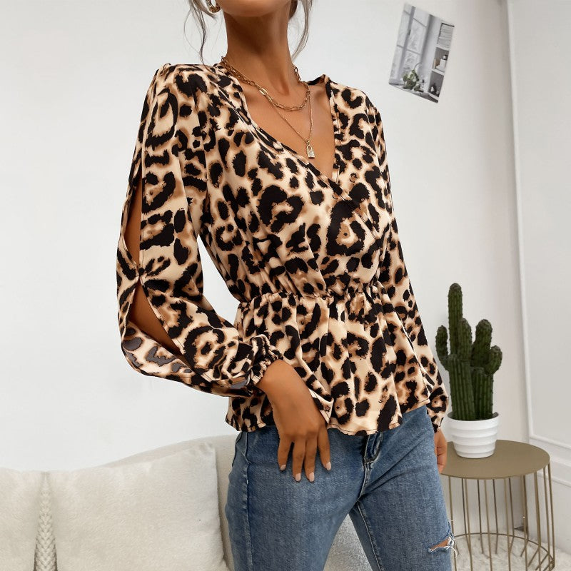 PEOPLETERRITORY New spring and summer new 2025 women's clothing hollow long-sleeved leopard print v-neck waist pullover long-sleeved shirt