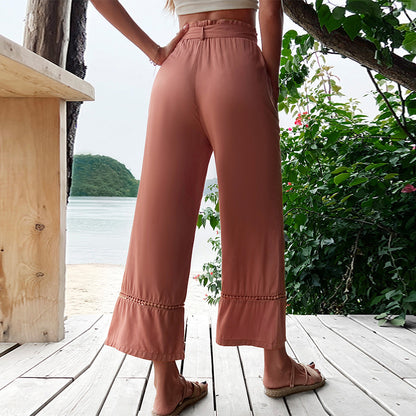 PEOPLETERRITORY popular summer casual splicing pants 2025 Popular trade hot sale nine-point straps New Popular trade elastic wide-leg pants women