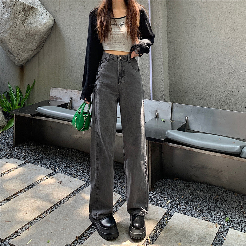 Territory going out outfits Plus Size Smoky Gray Lace-up Jeans Women's Autumn High Waist Straight Loose Slimming Chubby Girl Wide Leg Thick Wide Leg Pants